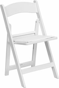 Image of white resin folding chair with white vinyl padded seat - Marry Me In Destin